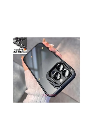 İphone 15 Pro Max Uyumlu Kamera Korumalı Açılır Bumper Pencere Standlı Arkası Şeffaf + Lens Koruyucu Resimde Görünen