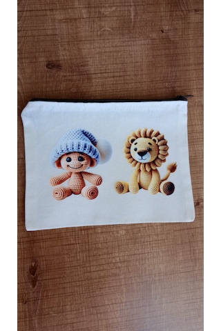 Wisheratelier Sevimli Örme Baskı Detaylı Clutch Bez Çanta Krem.karışık Renkli Desenli
