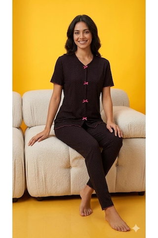 Sleeproom Yazlık Siyah Fuşya Puantiye Desenli Kısa Kol Penye %100 Pamuk Pijama Takım