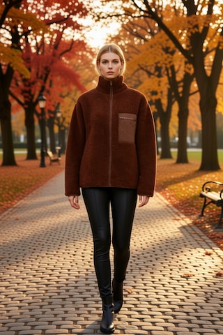 Benerly Kadın Dik Yaka Düşük Kol Tam Fermuarlı Peluş Sweatshirt Fonksiyon Kahverengi