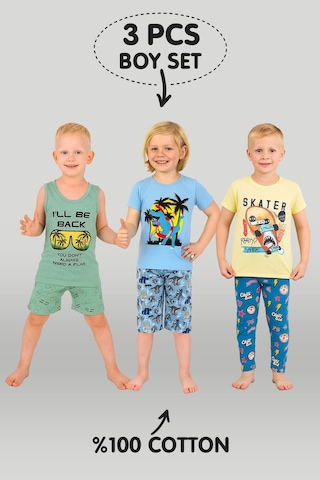 Vitmo Erkek Çocuk 3'lü %100 Pamuklu 1-2-3 Yaş Pijama Takımı Model:113 Çok Renkli