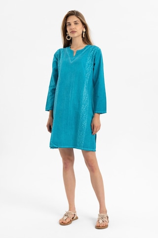 Turkuaz İşlemeli Uzun Kollu Astarsız Pamuklu Kısa Elbise-turkuaz Turkuaz