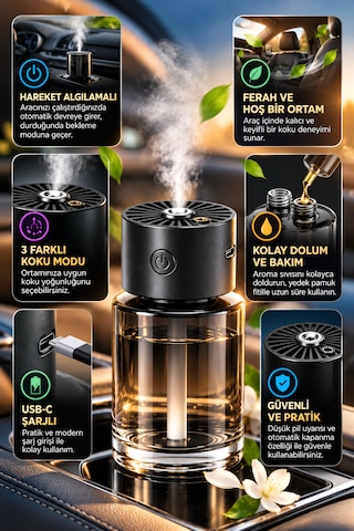 Otomatik Sprey Araç Kokusu Hareket Sensörlü 3 Modlu Usb-c Şarjlı Aroma Difüzörü Dx5