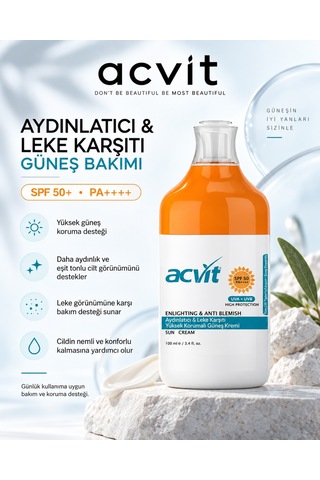Acvit Aydınlatıcı ve Leke Karşıtı Yüksek Korumalı Güneş Kremi SPF50+ 100 ML