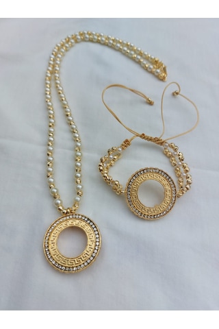 Çeyrek Kolye Çeyrek Bileklik İncili Dorikalı Versace 55cm Altın