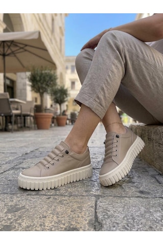 Gamelu Vıgor Kadın Lastikli Memory Foam Kalın Taban Keten Sneaker Ayakkabı Bej