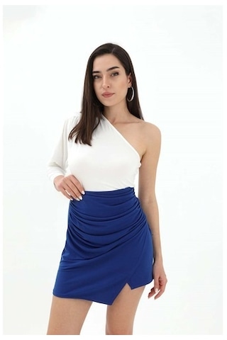 Yanları Büzgülü Beli Lastikli Etek - Mavi