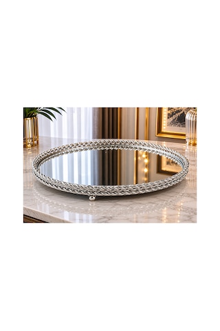 Sleep Nova 651612412 Gümüş Metal Çerçeveli Aynalı Dekoratif Tepsi 35 X 13 Cm