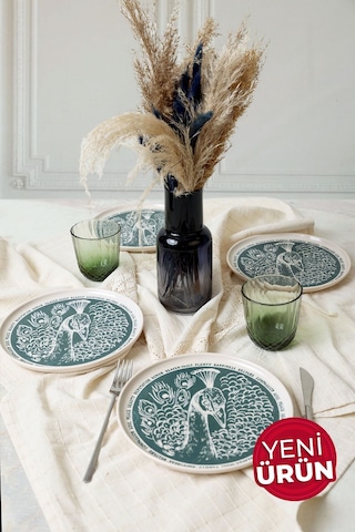 Keramika Tavus Kuşu Nordıc Pasta Tabağı 22 Cm 4 Adet 23137 Yeşil