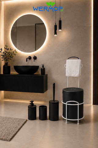 Lüks Siyah 6'lı Banyo Seti Metal Standlı Tuvalet Kağıtlığı Ve Şık Tasarım