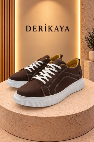 Deri Kaya Erkek Nubuk Deri Bağcıklı Günlük Sneaker Spor Ayakkabı Kahverengi