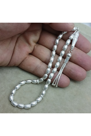 925 Ayar Gümüş Tesbih Arpa Kesim Çizgili Model Küçük Boy