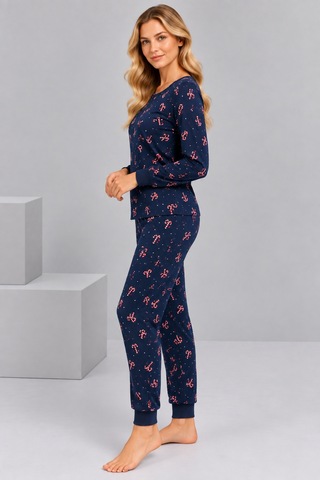 Pijamask Kadın Lacivert Baston Şeker Desenli Pamuklu Pijama Takımı Lacivert