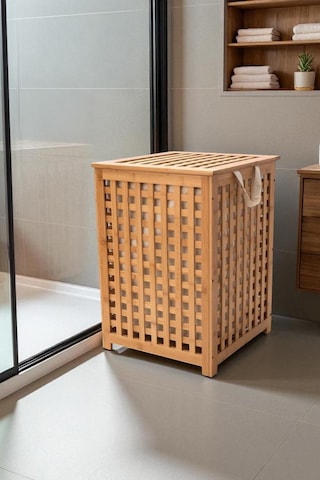 Digithome Bambu Çamaşır Sepeti 58x40 Cm Kulplu Taşınabilir Bezli Db-0042 Kahverengi