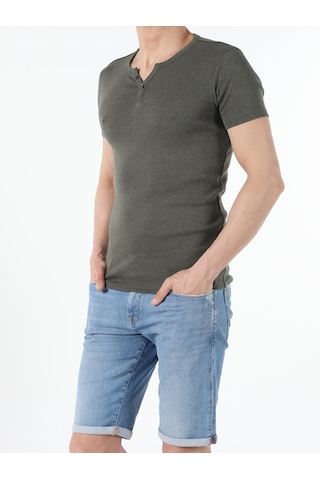 Colin'S Slim Fit Placket Neck Basic Haki Erkek Kısa Kol Tişört Cl1040245_Q1.V2_Kml Haki