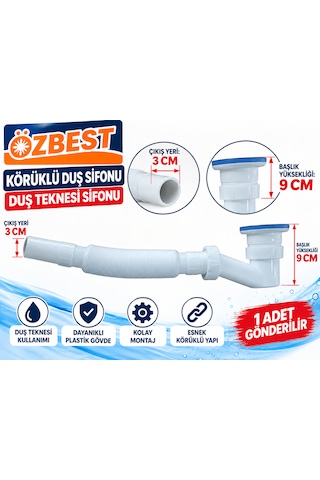 Duş Teknesi Sifonu Duş Trobleni Körüklü Duş Sifonu Baş Yükseklik: 9 Cm Çıkış Yeri : 3 Cm Beyaz