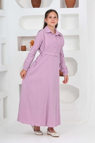 Kız Çocuk Uzun Boy Gofre Kumaş Jile & Elbise İki Parça Takım Astarlı Zarif Set-4948 Lila