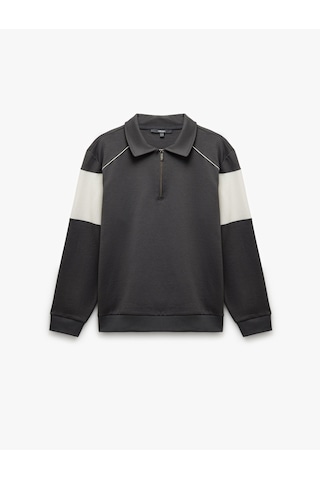 Koton Pamuklu Renk Bloklu Uzun Kollu Yarım Fermuarlı Sweatshirt Antrasit 5sam70034mk Antrasit