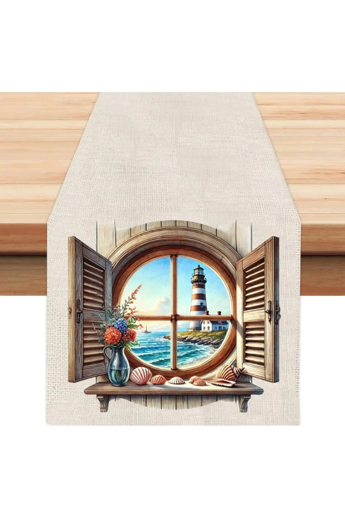 Penceredeki Deniz Feneri Runner, Runer, Masa Örtüsü, Sofranıza Zarafet Katın Runner, Masa Örtüsü Çok Renkli