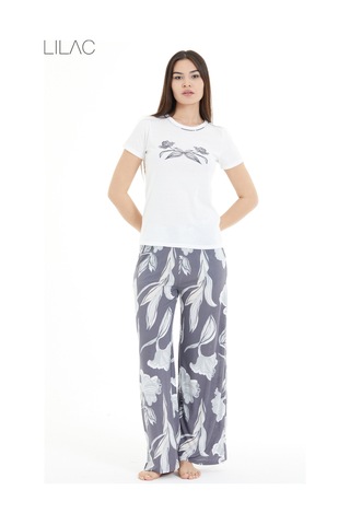 Lılac Kadın Çiçek Desenli %100 Viscon Pijama Takımı Beyaz-gri Beyaz-gri