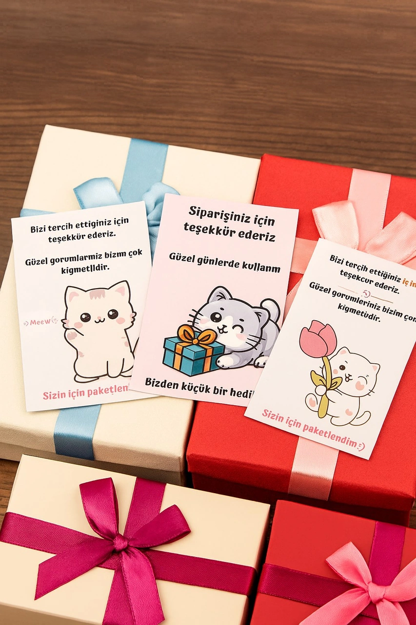 30 Adet Meow Serisi Paketleme Hediye Kartı - Teşekkür Kartı - Sipariş Paketleme Kartı 9x6cm