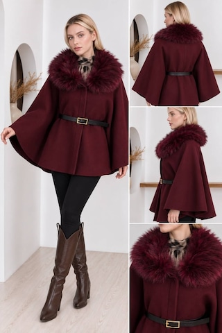 Moda Banuş Kürk Yaka Kemerli Kaşe Panço Bordo