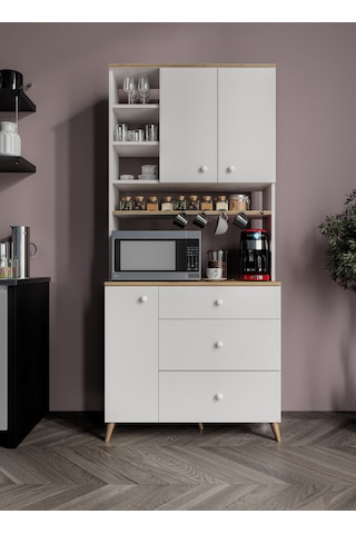 Stella Kahve Köşesi Dolabı Beyaz-meşe 90cm, Erzak Dolabı, Kiler Dolabı