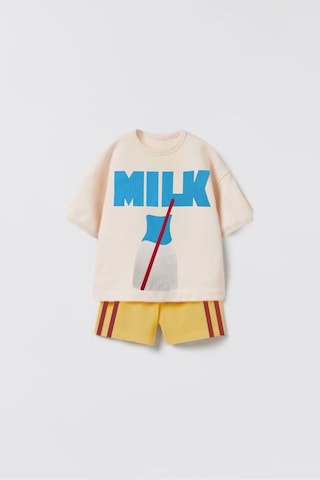 Lolliboomkids Unisex Çocuk Süt Baskılı Pamuklu Bisiklet Yaka Altüst Takım 2 Parça Ekru / Sarı Ekru - Sarı