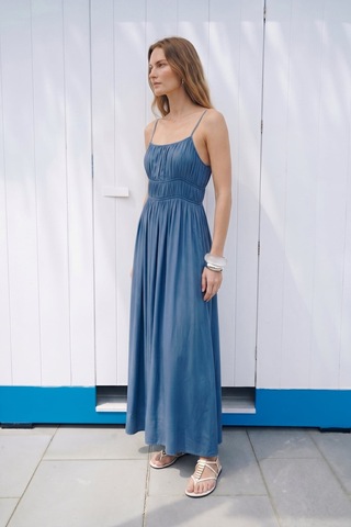 Sateen Askılı Uzun Elbise - İndigo-137496 Indigo