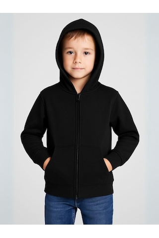 Çocuk Fermuarlı İnce Mevsimlik Basic Kapüşonlu Okul Hırkası-16092 Siyah
