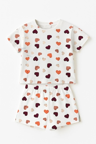 Kız Çocuk Renkli Kalpler %100 Pamuklu Pijama Takımı 3-4 Yaş 8-9 Yaş Beyaz