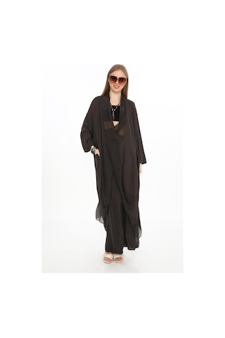 Bohem Stil Italyan Ipek Detaylı Oversize Kap Bluz- Wes Pantolon Takım-8863 Koyu Kahve Kahverengi