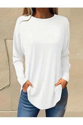 Pazarella Kadın Uzun Kollu Yuvarlak Yaka Salaş Iki Iplik Bluz Beyaz
