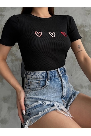 Defymoda Üçlü Kalp Nakışlı Bluz Siyah