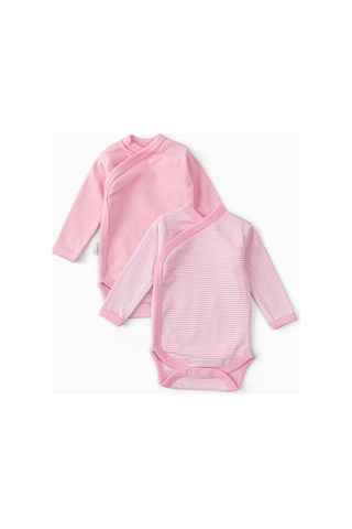2'li %100 Pamuk Uzun Kollu Kruvaze Bebek Çıtçıtlı Body Zıbın Pembe-pembe Pembe