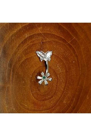 Aya Tasarım Gümüş Renk Kelebek Ve Çiçek Model Göbek Piercing Gümüş