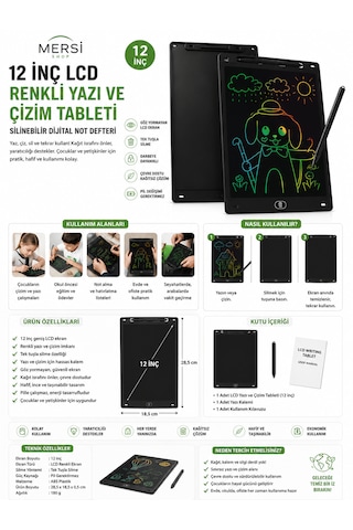 12 İnç Lcd Renkli Yazı Ve Çizim Tableti Silinebilir Dijital Not Defteri Derin Siyah