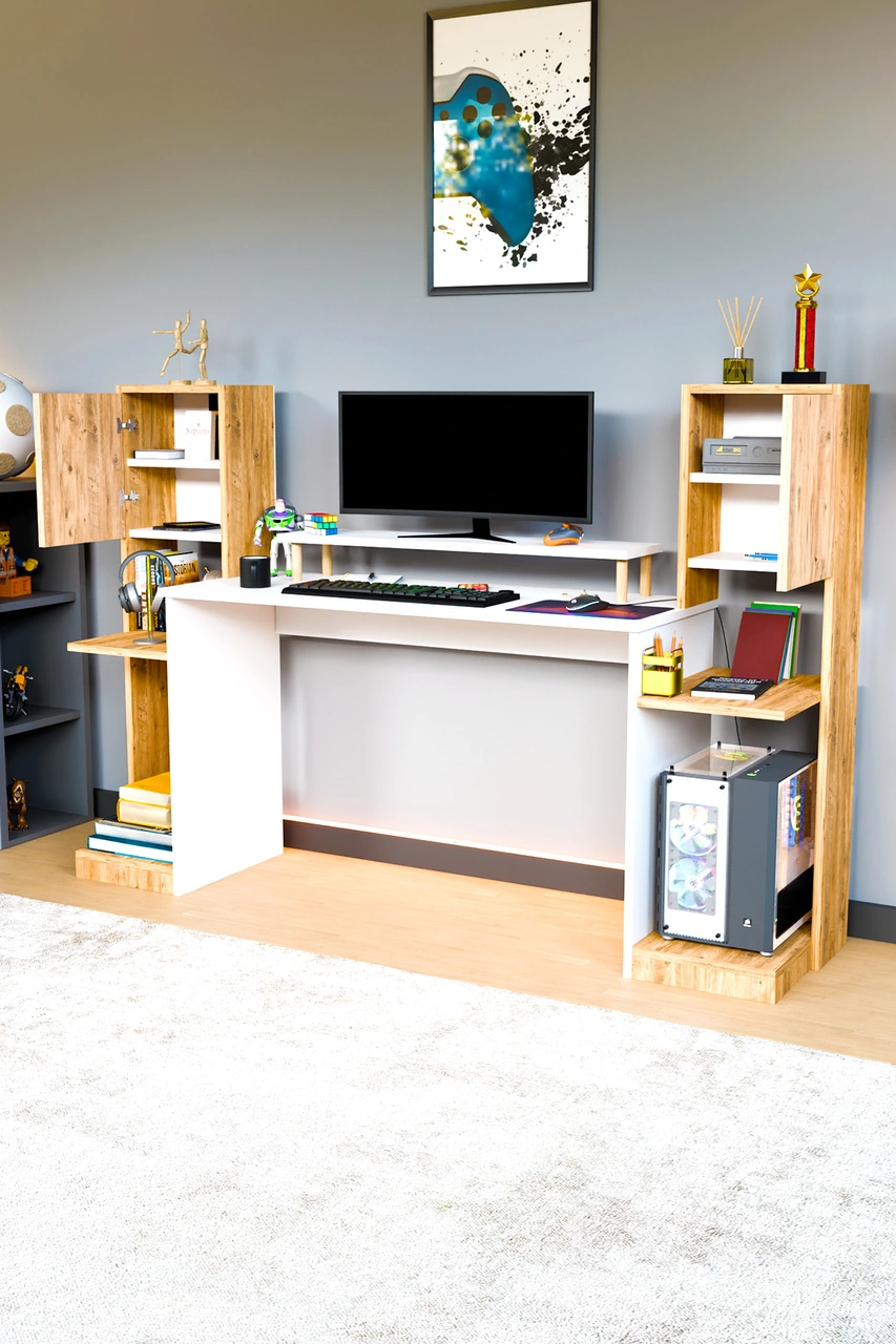 Throne Dolaplı, Kitaplıklı, Raflı Çalışma Masası, Bilgisayar Masası, Çocuk Çalışma Masası Atlantik Çam Atlantik Çam