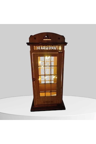 Ahşap Dekoratif Işıklı Londra Telefon Kulübesi - Mumluk, Dekoratif, Süs Ceviz