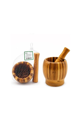 Ahşap Bambu - Çizgili Havan Sarımsak Dövecek Ç: 8cm--d: 7cm--y:10.5cm Fileli Ambalaj 5468