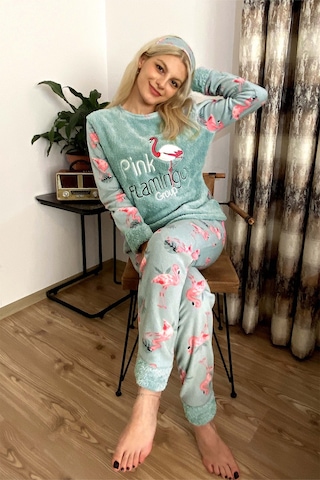 Nisanca Kışlık Uzun Kollu Bayan Peluş Polar Pijama Takımı İpeksi Doku Yesil