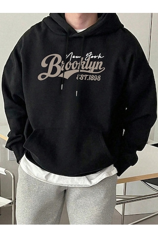 Tarzsokak Brooklyn New York Est. 1898 Baskı Erkekler Kapşonlu Sonbahar Cep Sokak Şıklığı Gevşek Polar T Siyah