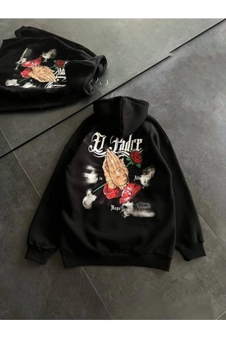 Valensdesign Üç İplik Penye Uzun Kol Kapşonlu Baskılı Sweatshirt - Siyah
