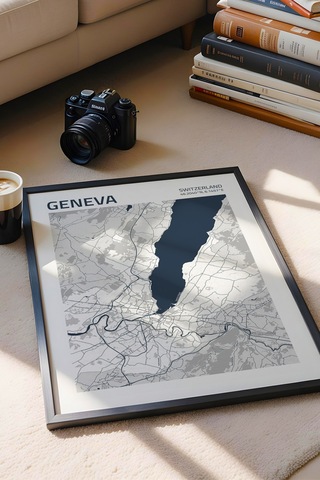 Cenevre İsviçre Switzerland Haritası Çerçeveli Tablo Lüks Salon Ofis Duvar Dekorasyonu Tablo