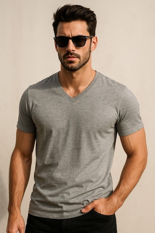 Rich Erkek %100 Pamuk Kısa Kollu V Yaka Gri T-shirt Gri