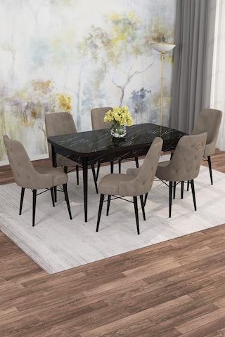 Mona Siyah Mermer Desen 80x132 Açılabilir Mdf Masa Yemek Odası Takımı, Mutfak Takımı 6 Adet Sandalye Siyah Mermer - 6 Cappuccino - Siyah Ayak