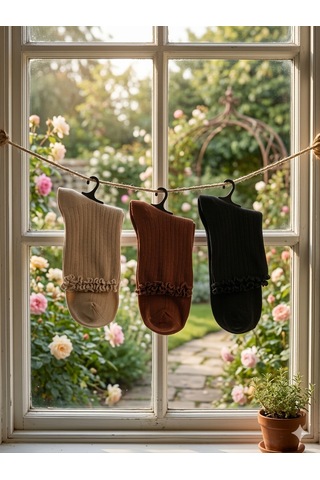 Heren Socks Heren Lastik Fırfırlı 3'lü Kadın Çorap , Fitilli Fırfırlı Kolej Boy Kiremit - Bej - Siyah
