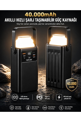40.000mah Akıllı Hızlı Şarj Powerbank Taşınabilir Güç Kaynağı Fenerli 3 Modludijital Göstergeli 2 Çıkış 2 Giriş Taşınabilir Kollu Type-c-micro Usb-lightning-usb-a Kablolu siyah