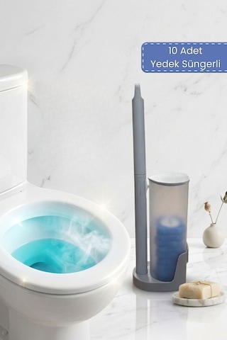 Kullan At Başlıklı Klozet Temizleme Seti - 10 Adet Mavi Ferahlık Süngeri & Transparan Stand Diğer