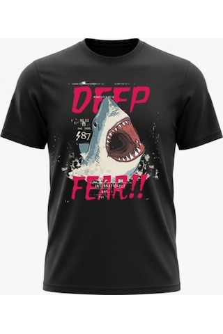 Urbantrendstore Unisex Deep Fear Köpekbalığı Tatil Oversize Fit Rahat Geniş Salaş T-shirt Günlük Tişört Siyah